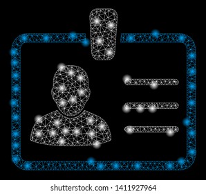Bright mesh badge with glare effect. Abstract illuminated model of badge icon. Shiny wire carcass polygonal mesh badge abstraction in vector format on a black background.