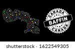 Bright mesh Baffin Island map with lightspot effect, and seal stamp. Wire carcass triangular Baffin Island map mesh in vector format on a black background.