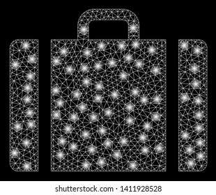 Bright mesh baggage with glare effect. Abstract illuminated model of baggage icon. Shiny wire carcass polygonal mesh baggage abstraction in vector format on a black background.