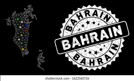 Bright mesh Bahrain map with glare effect, and seal stamp. Wire carcass triangular Bahrain map network in vector format on a black background. White round seal stamp with rubber surface.