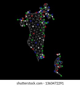 Bright mesh Bahrain map with glow effect. Wire carcass polygonal mesh in vector format on a black background. Abstract 2d mesh designed with triangles, spheric points, colorful flare spots.