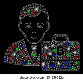 Bright mesh baht accounter with glare effect. White wire frame triangular mesh in vector format on a black background. Abstract 2d mesh designed with triangular lines, small circle,