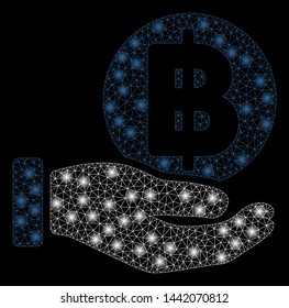 Bright mesh baht coin payment hand with lightspot effect. Abstract illuminated model of baht coin payment hand icon.