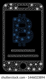 Bright mesh baht mobile payment with glare effect. Abstract illuminated model of baht mobile payment icon.