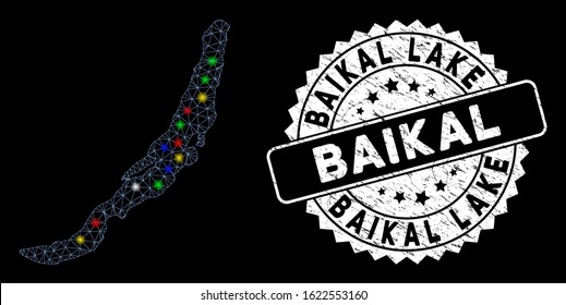 Bright mesh Baikal Lake map with lightspot effect, and rubber print. Wire carcass triangular Baikal Lake map mesh in vector format on a black background. White round stamp imprint with rubber texture.