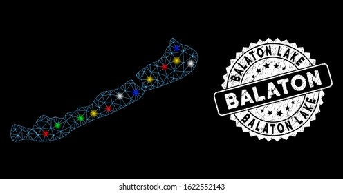 Bright mesh Balaton Lake map with lightspot effect, and seal. Wire frame polygonal Balaton Lake map network in vector format on a black background. White round seal stamp with rubber textures.