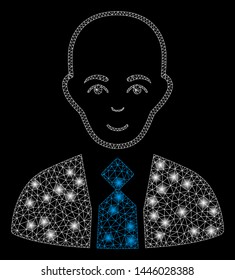Bright mesh bald boss with glare effect. Abstract illuminated model of bald boss icon. Shiny wire carcass polygonal mesh bald boss abstraction in vector format on a black background.
