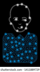 Bright mesh bald bureaucrat with glare effect. Abstract illuminated model of bald bureaucrat icon.