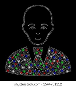 Bright mesh bald clerk with glare effect. White wire carcass polygonal mesh in vector format on a black background. Abstract 2d mesh created from polygonal grid, points, colorful glare spots.