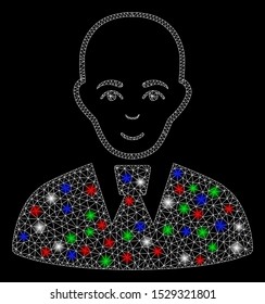 Bright mesh bald clerk with lightspot effect. White wire carcass polygonal mesh in vector format on a black background. Abstract 2d mesh created from polygonal grid, round dots, colored light spots.