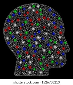 Bright mesh bald head with glow effect. White wire frame polygonal mesh in vector format on a black background. Abstract 2d mesh designed with polygonal grid, dots, colored light spots.