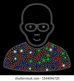 Bright mesh bald man with glare effect. White wire carcass triangular mesh in vector format on a black background. Abstract 2d mesh designed with triangular lines, points, colored glare spots.