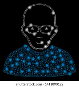 Bright mesh bald man with lightspot effect. Abstract illuminated model of bald man icon. Shiny wire carcass polygonal mesh bald man abstraction in vector format on a black background.