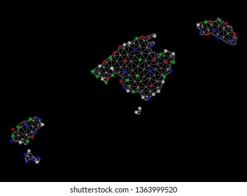 Bright mesh Balearic Islands map with glow effect. Wire frame polygonal mesh in vector format on a black background. Abstract 2d mesh designed with polygonal grid, points, colored flare spots.