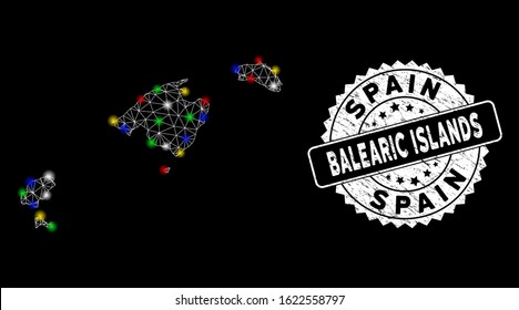 Bright mesh Balearic Islands map with lightspot effect, and stamp. Wire carcass triangular Balearic Islands map mesh in vector format on a black background. White round stamp with corroded surface.