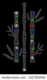Bright mesh bamboo with glare effect. White wire carcass polygonal network in vector format on a black background. Abstract 2d mesh designed with polygonal grid, spheric points, colored glare spots.