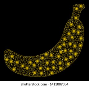 Bright mesh banana with glare effect. Abstract illuminated model of banana icon. Shiny wire carcass triangular mesh banana abstraction in vector format on a black background.