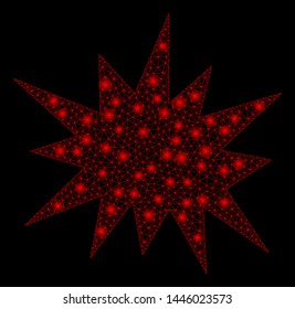 Bright mesh bang with glare effect. Abstract illuminated model of bang icon. Shiny wire carcass polygonal mesh bang abstraction in vector format on a black background.