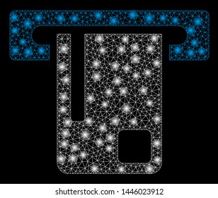 Bright mesh bank ATM with glow effect. Abstract illuminated model of bank ATM icon. Shiny wire carcass polygonal mesh bank ATM abstraction in vector format on a black background.