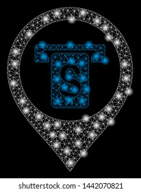 Bright mesh bank ATM marker with glow effect. Abstract illuminated model of bank ATM marker icon. Shiny wire frame polygonal mesh bank ATM marker abstraction in vector format on a black background.