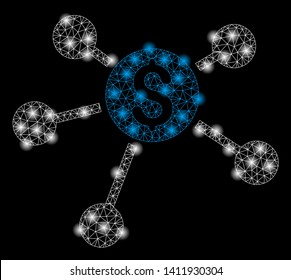 Bright mesh bank branches with glow effect. Abstract illuminated model of bank branches icon. Shiny wire carcass triangular mesh bank branches abstraction in vector format on a black background.