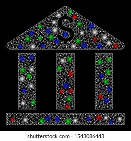 Bright mesh bank building with glare effect. White wire frame polygonal mesh in vector format on a black background. Abstract 2d mesh created from polygonal grid, small circle, colorful glare spots.