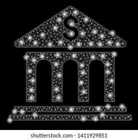 Bright mesh bank building with glow effect. Abstract illuminated model of bank building icon. Shiny wire carcass triangular mesh bank building abstraction in vector format on a black background.