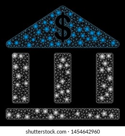 Bright mesh bank building with glow effect. Abstract illuminated model of bank building icon. Shiny wire frame triangular mesh bank building abstraction in vector format on a black background.