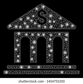 Bright mesh bank building with lightspot effect. Abstract illuminated model of bank building icon. Shiny wire carcass triangular network bank building. Vector abstraction on a black background.