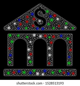 Bright mesh bank building with lightspot effect. White wire frame triangular mesh in vector format on a black background. Abstract 2d mesh designed with triangles, spheric points,