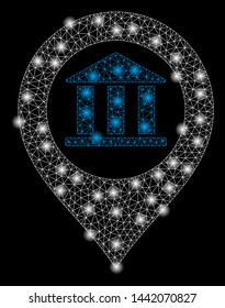 Bright mesh bank building pointer with lightspot effect. Abstract illuminated model of bank building pointer icon.