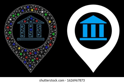 Bright mesh bank building pointer icon with lightspot effect. Abstract illuminated model of bank building pointer. Shiny wire carcass triangular mesh bank building pointer icon.