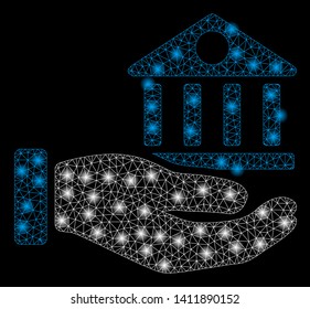 Bright mesh bank building service hand with lightspot effect. Abstract illuminated model of bank building service hand icon.