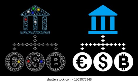 Bright mesh bank currency icon with glare effect. Abstract illuminated model of bank currency. Shiny wire frame triangular mesh bank currency icon. Vector abstraction on a black background.