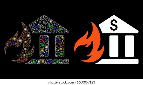 Bright mesh bank fire disaster icon with glare effect. Abstract illuminated model of bank fire disaster. Shiny wire carcass polygonal mesh bank fire disaster icon.