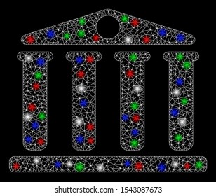 Bright mesh bank with glow effect. White wire carcass triangular mesh in vector format on a black background. Abstract 2d mesh designed with triangles, dots, colorful light spots.