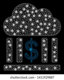 Bright mesh bank with lightspot effect. Abstract illuminated model of bank icon. Shiny wire frame triangular mesh bank abstraction in vector format on a black background.