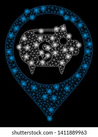 Bright mesh bank map marker with lightspot effect. Abstract illuminated model of bank map marker icon.