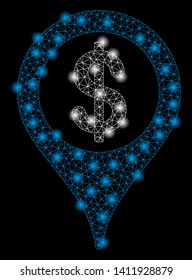 Bright mesh bank map marker with glow effect. Abstract illuminated model of bank map marker icon. Shiny wire frame polygonal network bank map marker abstraction in vector format on a black background.
