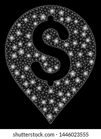 Bright mesh bank map marker with glare effect. Abstract illuminated model of bank map marker icon.