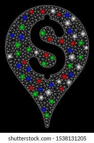 Bright mesh bank map marker with glow effect. White wire carcass polygonal mesh in vector format on a black background. Abstract 2d mesh designed with polygonal grid, small circle,