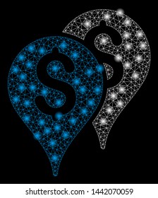Bright mesh bank map markers with glow effect. Abstract illuminated model of bank map markers icon.