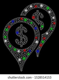 Bright mesh bank map markers with glare effect. White wire carcass triangular mesh in vector format on a black background. Abstract 2d mesh designed with triangular lines, dots, colorful glare spots.