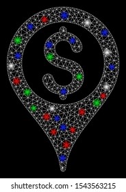 Bright mesh bank map pointer with lightspot effect. White wire carcass polygonal mesh in vector format on a black background. Abstract 2d mesh designed with triangular lines, spheric points,