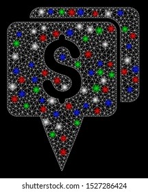 Bright mesh bank map pointers with glow effect. White wire carcass polygonal mesh in vector format on a black background. Abstract 2d mesh built from polygonal grid, small circle,