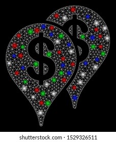 Bright mesh bank map pointers with glare effect. White wire frame polygonal mesh in vector format on a black background. Abstract 2d mesh designed with triangles, small circle, colorful glare spots.
