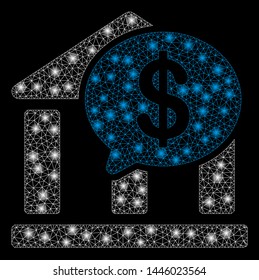 Bright mesh bank message with lightspot effect. Abstract illuminated model of bank message icon. Shiny wire carcass triangular network bank message abstraction in vector format on a black background.