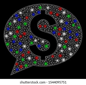 Bright mesh bank message with lightspot effect. White wire frame triangular mesh in vector format on a black background. Abstract 2d mesh designed with triangular lines, spheric points,