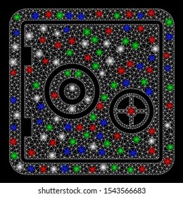 Bright mesh bank safe with glare effect. White wire frame polygonal mesh in vector format on a black background. Abstract 2d mesh created from triangles, round dots, colorful glare spots.