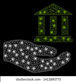 Bright mesh bank service hand with lightspot effect. Abstract illuminated model of bank service hand icon.